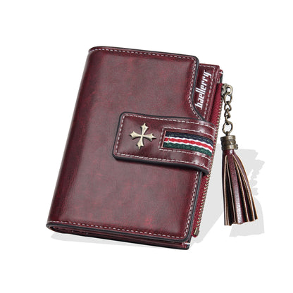 Portefeuille Femme Cuir Ciré Glands - Porte-Monnaie Tri-Fold Multi-Fentes Fermeture Éclair