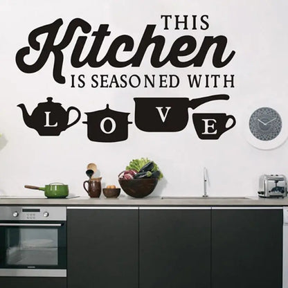 Sticker Mural Cuisine "This Kitchen is Seasoned with Love" - Autocollant Décoratif 60×28cm