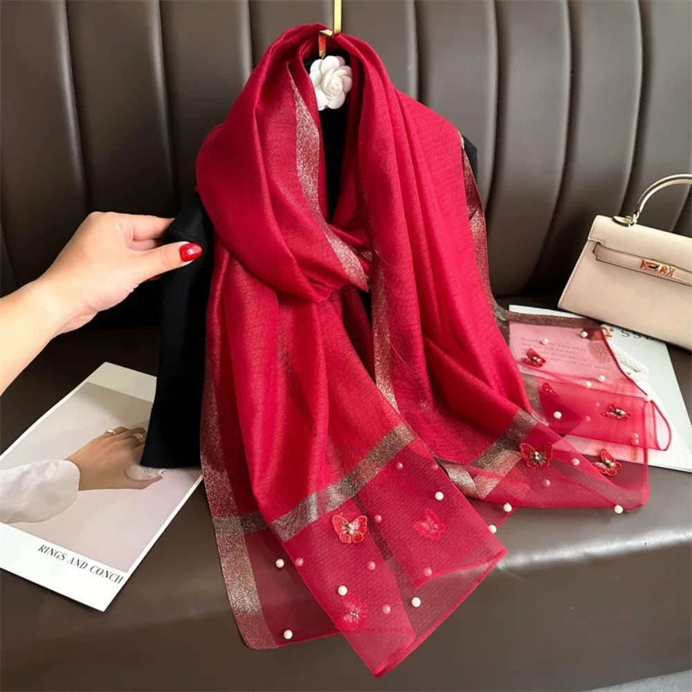 Foulard Soie Broderie Papillon Femme - Écharpe Châle Hijab Luxe Léger Élégant