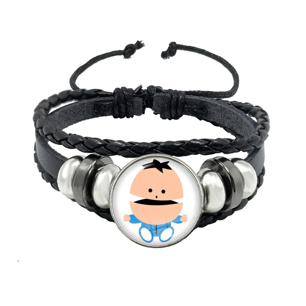 Bracelet South Park Cabochon Verre – Cuir Multicouche Tressé Fait Main Unisexe