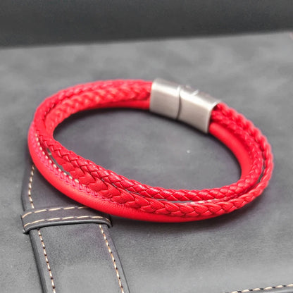 Bracelet Perles Cuir Rouge Tressé – Boucle Acier Inoxydable Unisexe