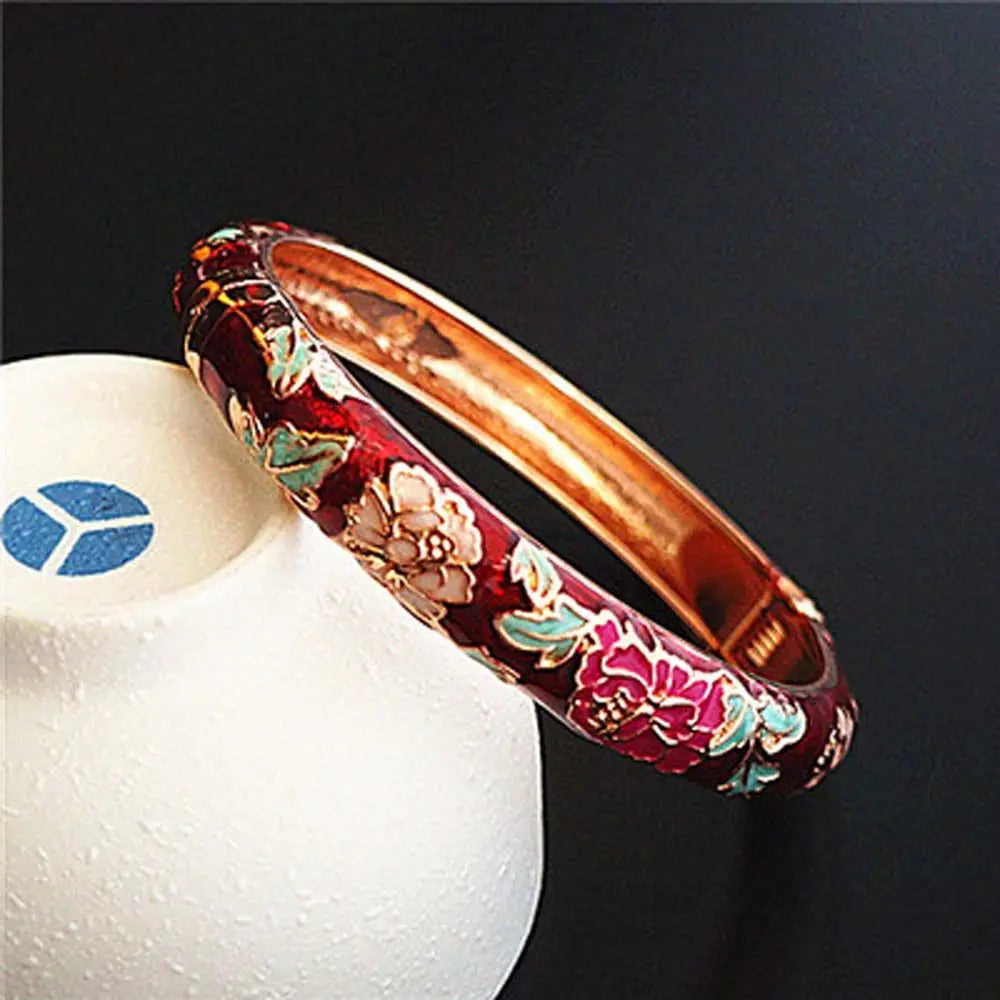 Bracelet Jonc Cloisonné Émaillé Pivoine – Artisanat Ethnique Classique