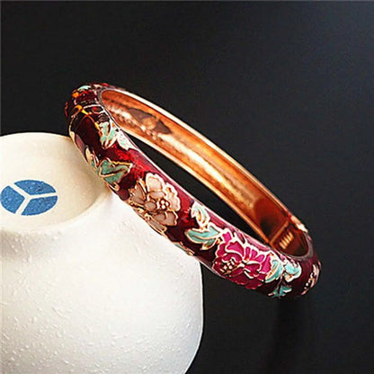 Bracelet Jonc Cloisonné Émaillé Pivoine – Artisanat Ethnique Classique