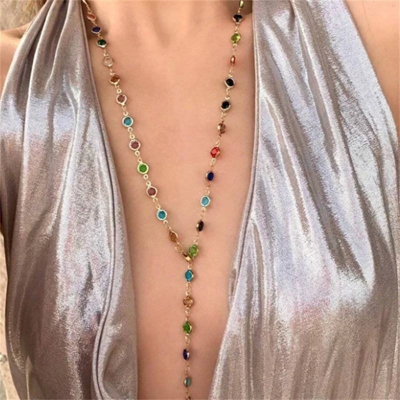 Collier Longue Chaîne Perles Pierres Colorées Cristaux – Maxi Vintage Équilibrant Femme