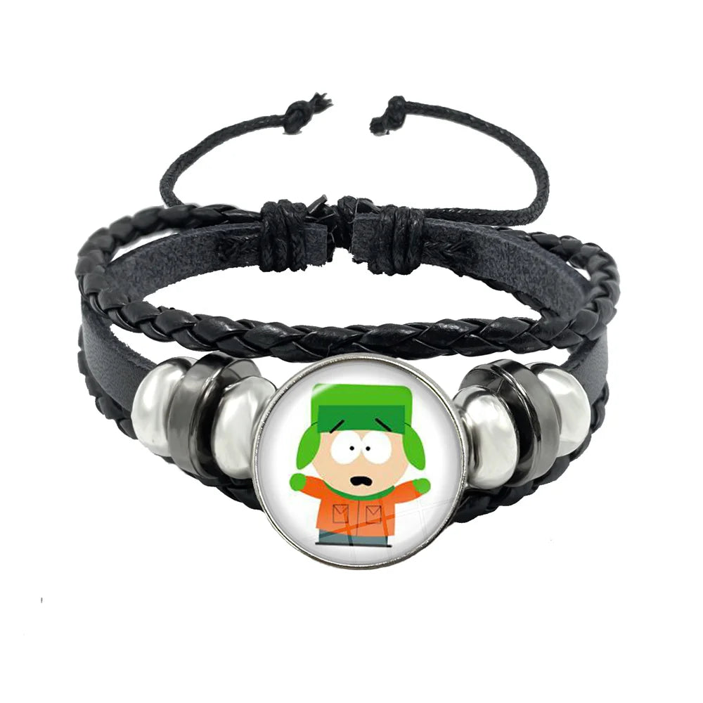 Bracelet South Park Cabochon Verre – Cuir Multicouche Tressé Fait Main Unisexe