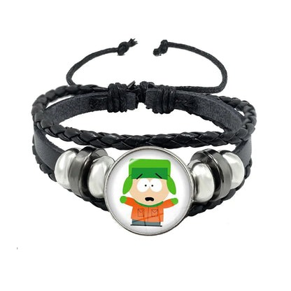 Bracelet South Park Cabochon Verre – Cuir Multicouche Tressé Fait Main Unisexe