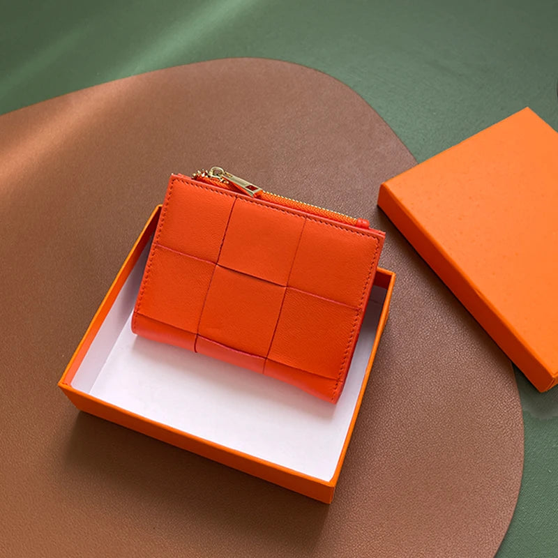 Portefeuille Femme Cuir Tressé - Porte-Monnaie Bifold Multi-Cartes Compact