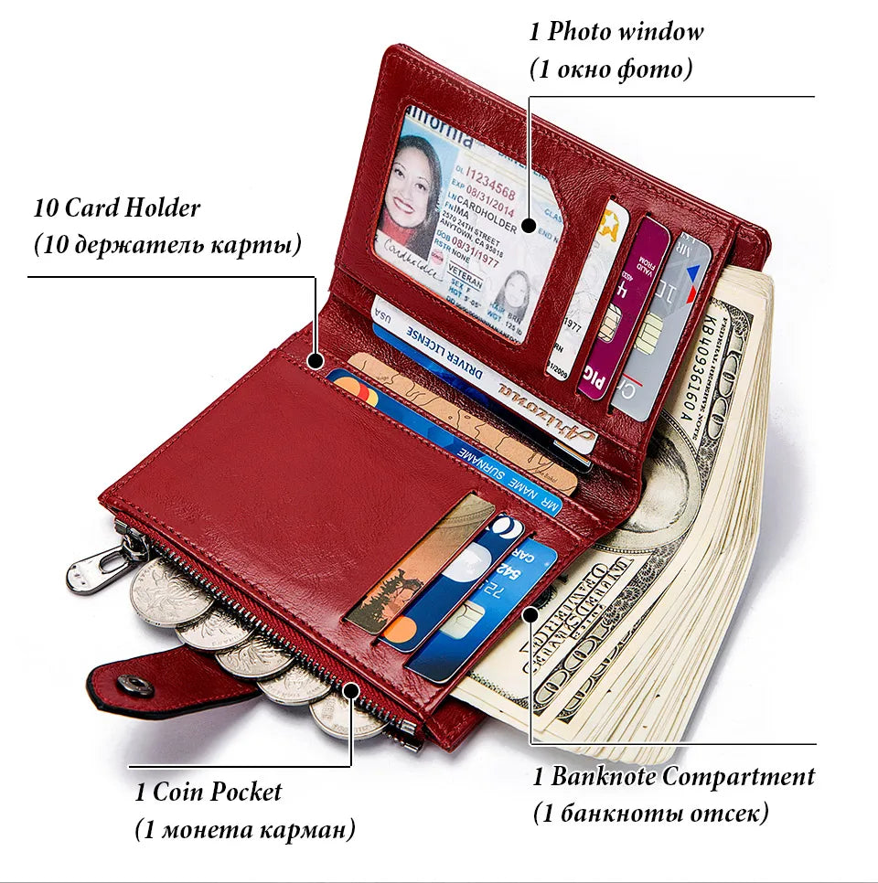 Portefeuille Femme Cuir Véritable RFID - Pochette Court avec Fenêtre ID