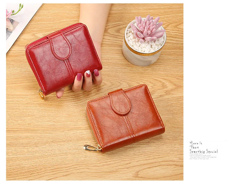 Portefeuille Femme Cuir Bifold Court Rose - Wallet Porte-Cartes Zipper Coin Pouch