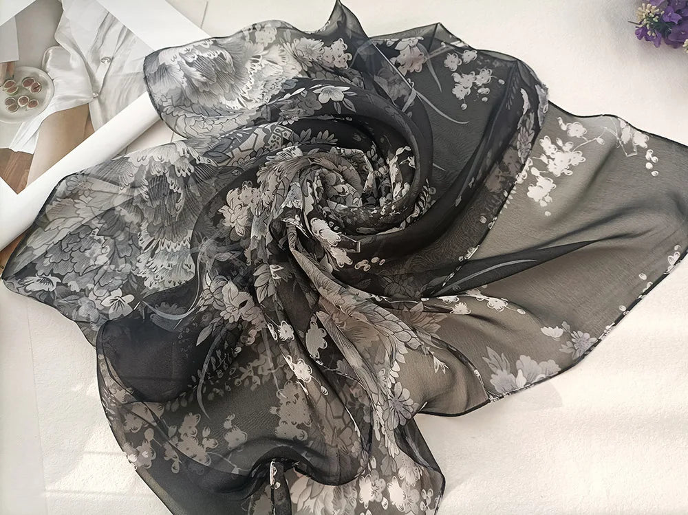 Foulard Écharpe Mousseline Georgette Femme Fleur Prune - Bandana Été Léger Respirant
