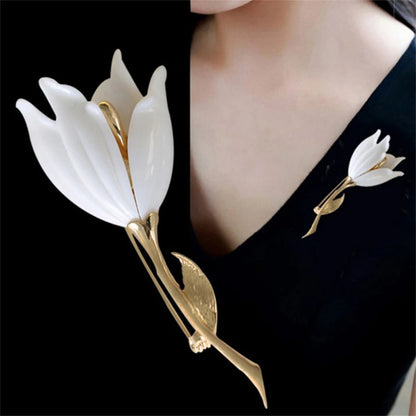 Broche Fleur Tulipe Émaillée Rose Blanc Luxueuse – Pin's Élégant Romantique Femme