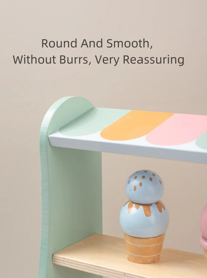 Comptoir de Crème Glacée en Bois - Jouet Montessori 40+ Pièces avec Monnaie pour Enfants 3-6 Ans