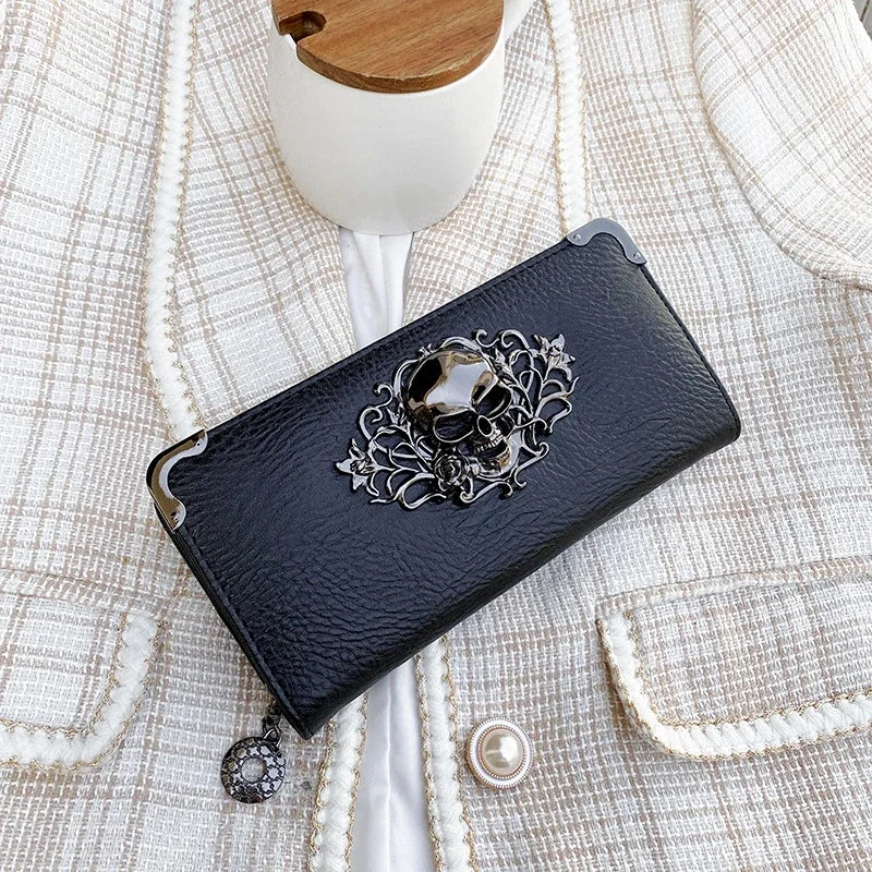Portefeuille Femme Long Tête de Mort - Porte-Monnaie Design Luxe Skull avec Étui Téléphone