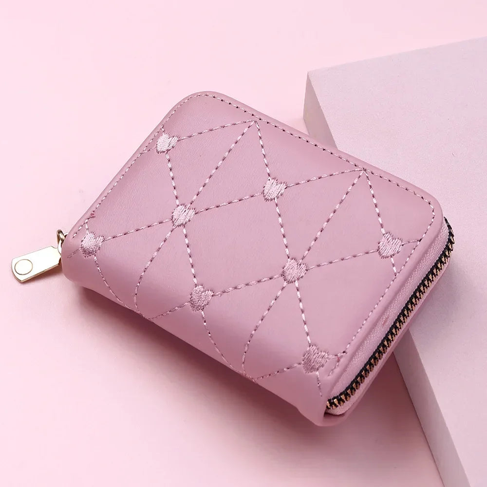 Portefeuille Femme Mignon Cœur Brodé Cuir PU - Trifold Multi-Cartes avec Porte-Monnaie