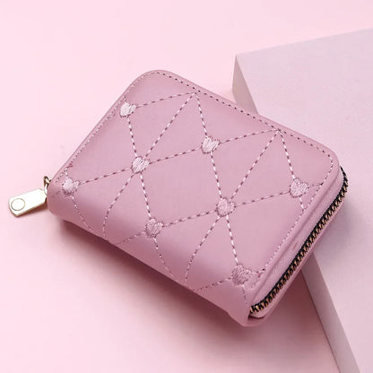 Portefeuille Femme Mignon Cœur Brodé Cuir PU - Trifold Multi-Cartes avec Porte-Monnaie