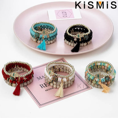 Set de 4 Bracelets Bohèmes Superposables - Œil Protecteur et Pompon