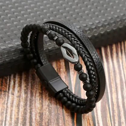 Bracelet en Cuir Tissé Main Multi-Couches pour Homme - Combinaison Classique Punk