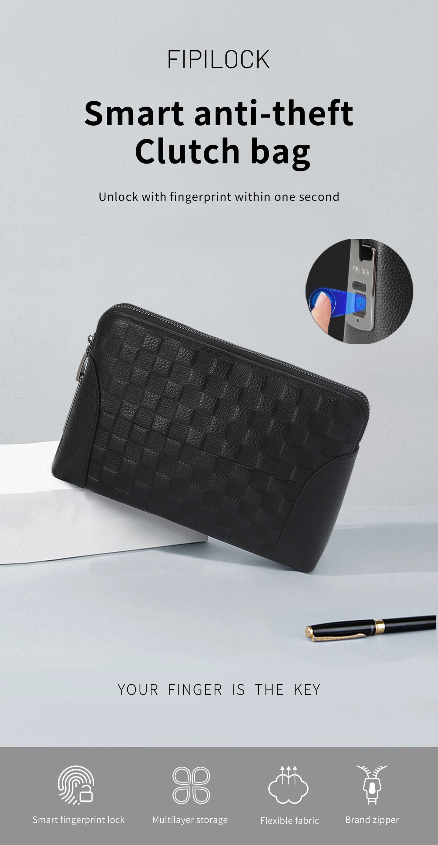 Portefeuille Sécurisé Serrure Empreinte Digitale - Clutch Anti-Vol Homme Femme Technologie Biométrique