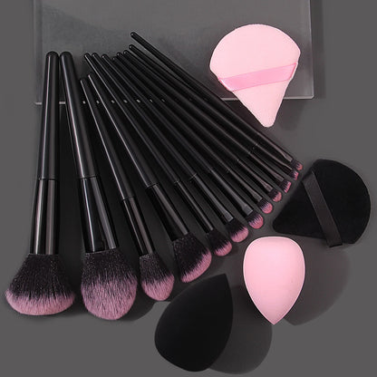 Set 12 Pinceaux Maquillage Doux + 4 Éponges Beauté Triangulaires - Kit Professionnel Portable Houppette Poudre