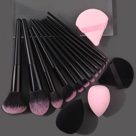 Set 12 Pinceaux Maquillage Doux + 4 Éponges Beauté Triangulaires - Kit Professionnel Portable Houppette Poudre