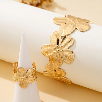 Ensemble Bracelet Bague Fleurs Bohème Doré – Ajustables Romantique Mariage