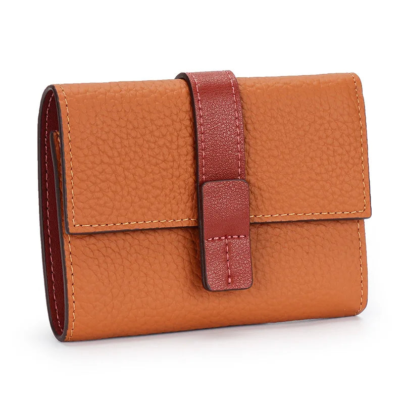 Portefeuille Femme Court Cuir Véritable Trifold - Porte-Monnaie Zippé Grande Capacité Contraste Marron