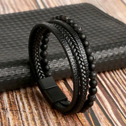 Bracelet en Cuir Tissé Main Multi-Couches pour Homme - Combinaison Classique Punk