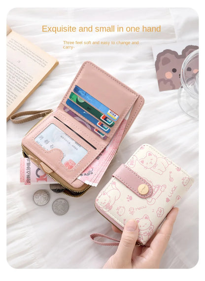 Portefeuille Femme Chat Mignon Cuir PU - Porte-Monnaie Court Grande Capacité Voyage