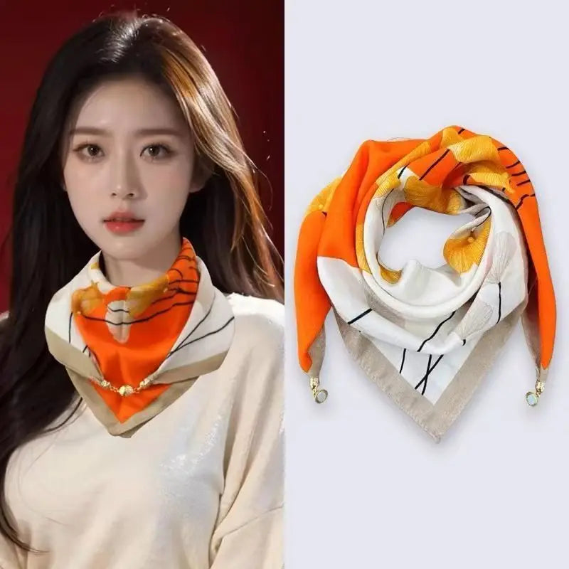 Luxury Square Scarf with Magnetic Buckle for Women - Silk Triangle Cross Scarf