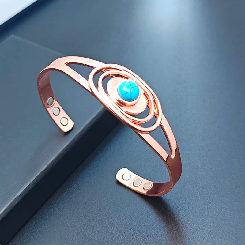 Jonc Cuivre Pur Magnétique Pierre Bleue – Bracelet Ouvert Ajustable Femme Guérison