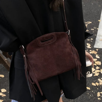 Sac à Main Femme Daim Vintage Style Français - Sac Bandoulière Épaule Glands Café