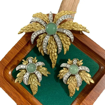 Parure Plume Luxe Vintage - Broche et Boucles Design Raffiné Plaqué Platine