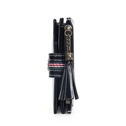 Portefeuille Femme Cuir Ciré Glands - Porte-Monnaie Tri-Fold Multi-Fentes Fermeture Éclair
