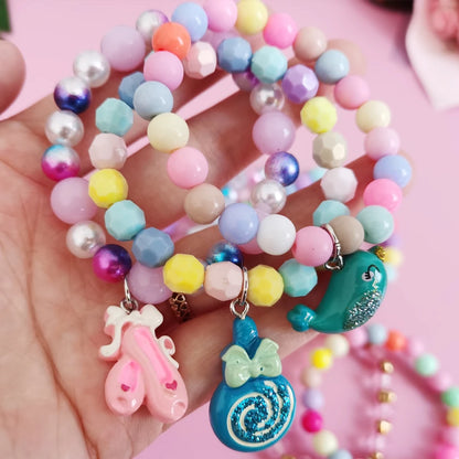 Ensemble 5 Bracelets Perles Licorne Cartoon Cœur Étoile – Élastique Candy Coloré Filles