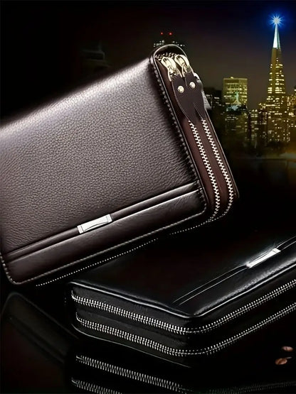 Portefeuille Homme Long Cuir Clutch Business - Porte-Cartes Téléphone Grande Capacité