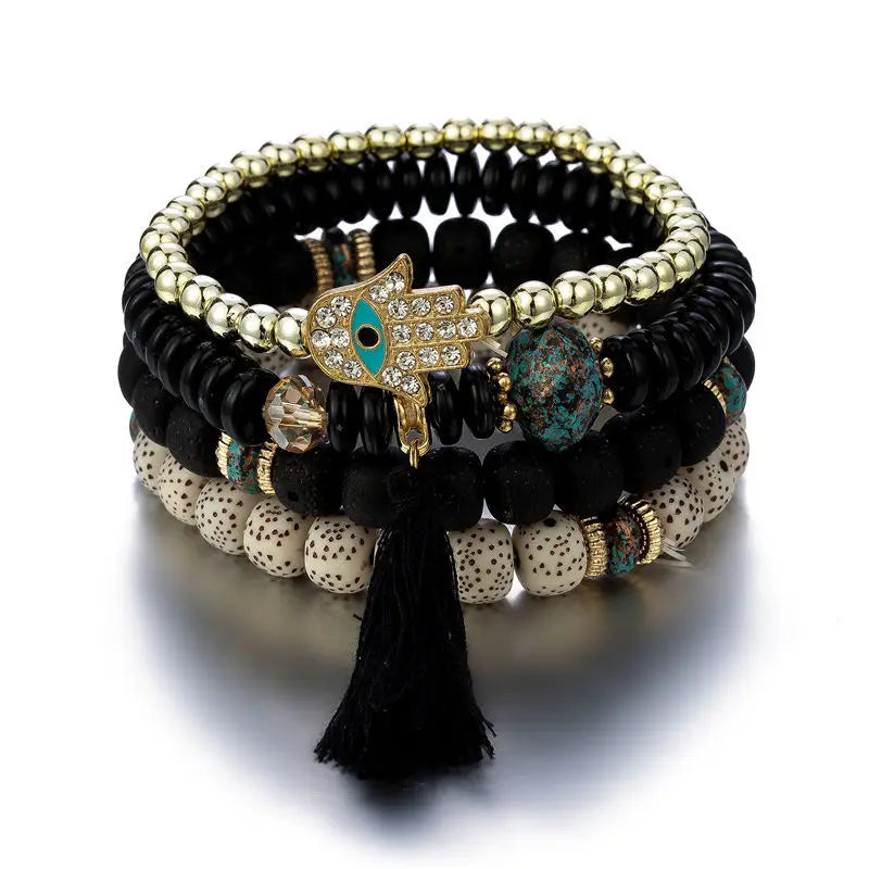 Bracelet Bohème Main Bouddha Turquoise Pompons – Ethnique Spirituel Vintage