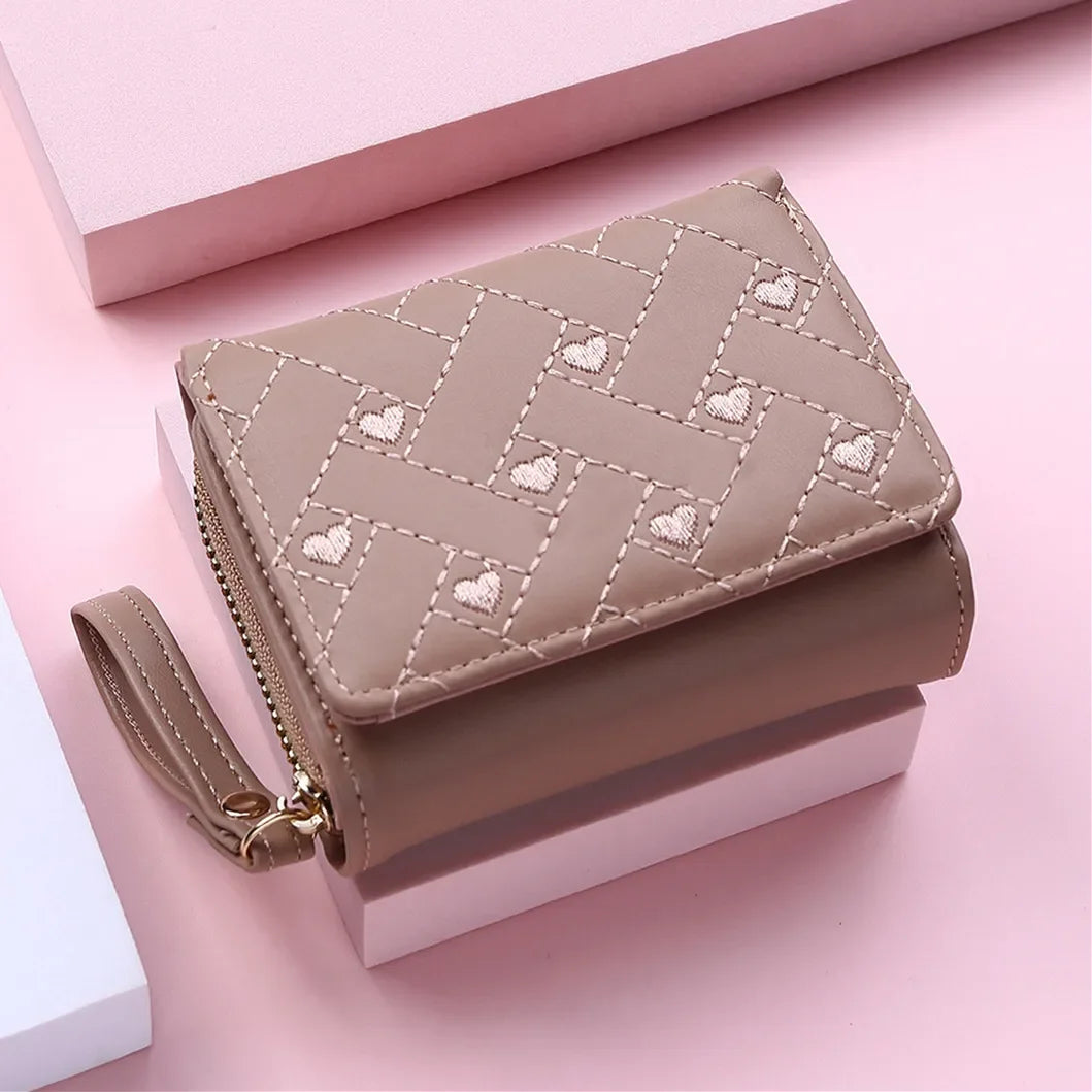 Portefeuille Femme Mignon Cœur Brodé Cuir PU - Trifold Multi-Cartes avec Porte-Monnaie