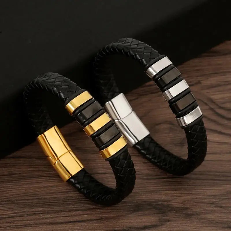 Bracelet Cuir Tressé Multicouche Punk – Boucle Magnétique Croix Homme