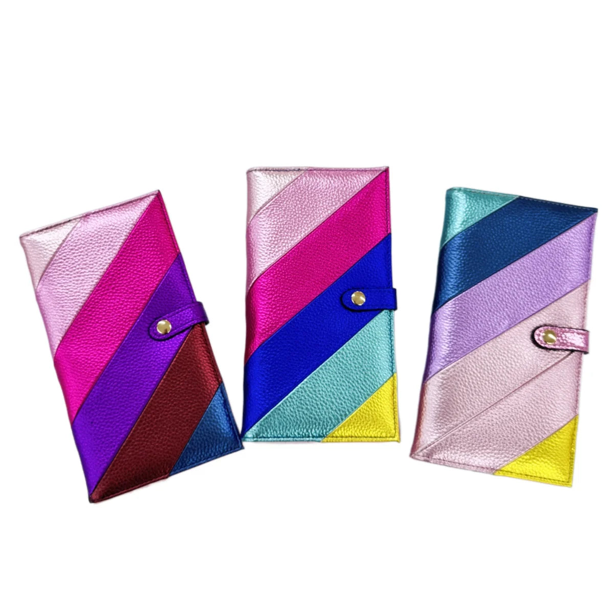 Portefeuille Long Femme Cuir PU Rayures Colorées - Bifold Fermeture Éclair Porte-Cartes
