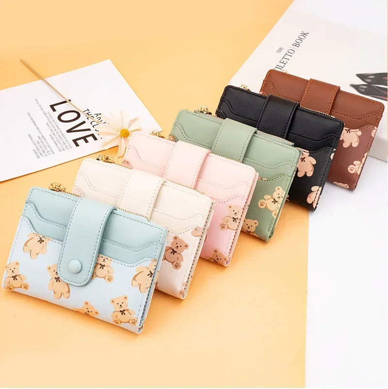 Portefeuille Femme Court Ourson Mignon - Bifold Cuir PU Porte-Cartes Zipper Bleu