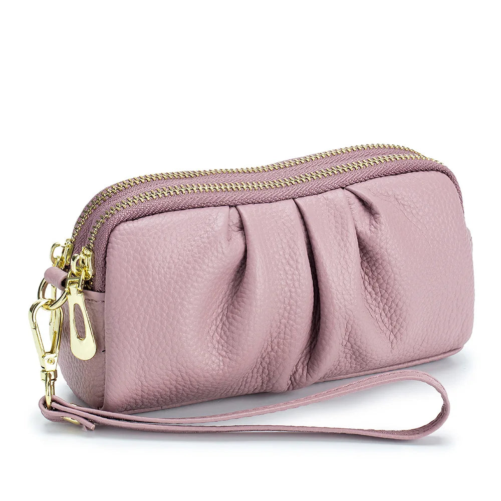 Portefeuille Femme Cuir Véritable Grande Capacité - Porte-Monnaie Long Zippé Multifonction avec Dragonne