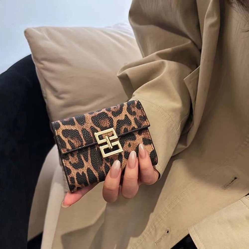 Portefeuille Femme Court Imprimé Léopard PU - Porte-Monnaie Carré Multi-Cartes Style Coréen Tendance