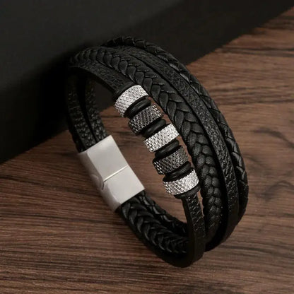 Bracelet en Cuir Tissé Main Multi-Couches pour Homme - Combinaison Classique Punk