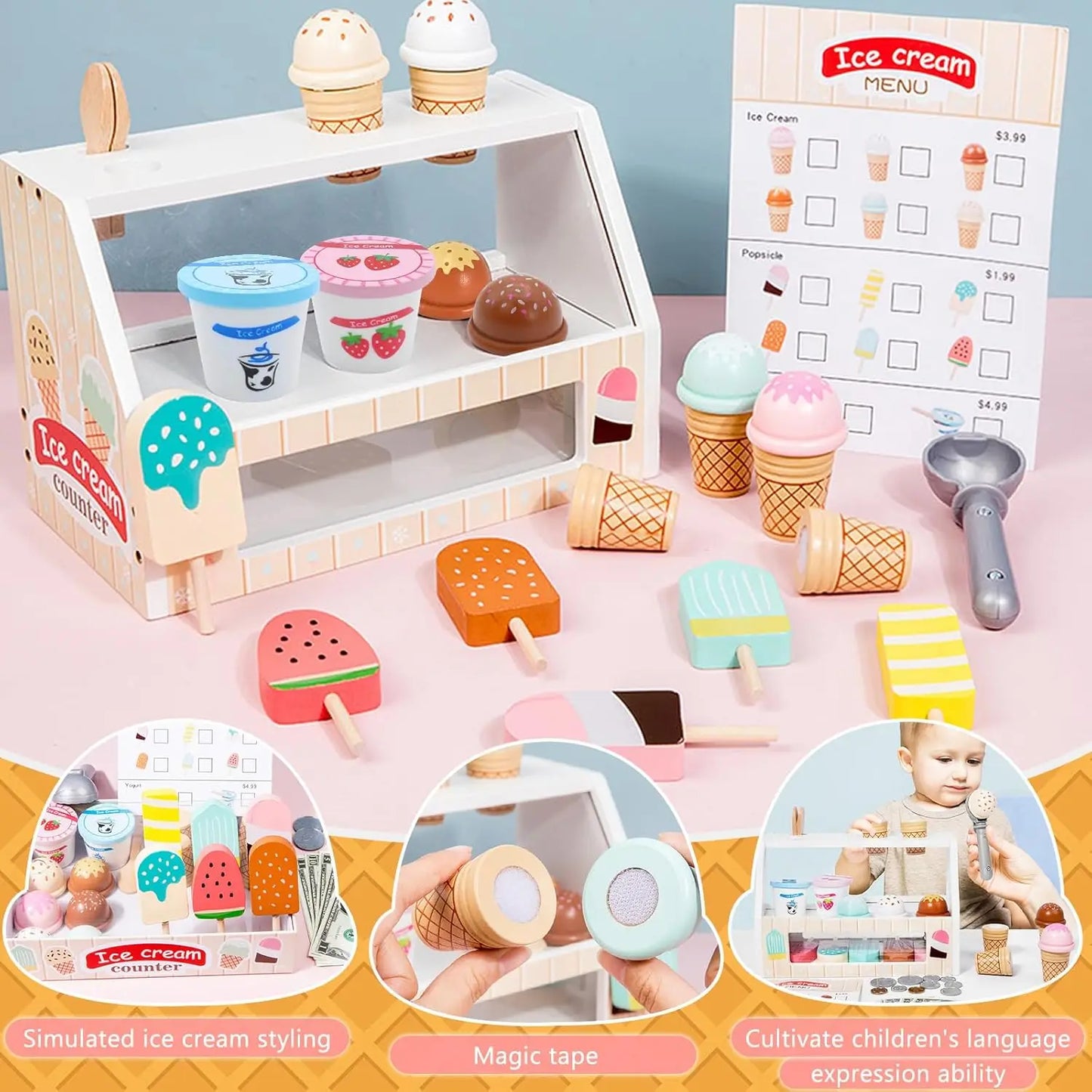 Comptoir de Crème Glacée en Bois - Jouet Montessori 40+ Pièces avec Monnaie pour Enfants 3-6 Ans
