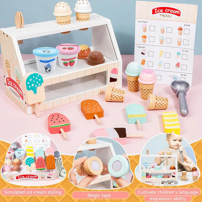 Comptoir de Crème Glacée en Bois - Jouet Montessori 40+ Pièces avec Monnaie pour Enfants 3-6 Ans