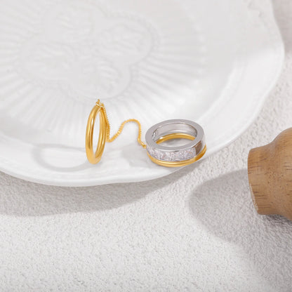 Bague Double Chaîne Plaquée Or 18K — Zircon, Acier Inoxydable, Tailles US6-8