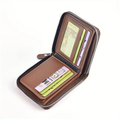 Portefeuille Homme Cuir PU Cire Huile - Court Porte-Monnaie Fermeture Éclair Porte-Cartes