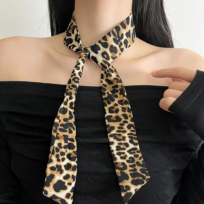 Foulard Ruban Soie Imprimé Léopard Femme - Bandeau Sac Neckerchief Skinny Luxe Mode