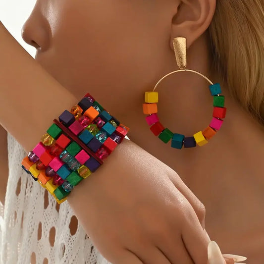 Parure Bohème Perles Bois Colorées - Bracelet et Boucles Pendantes Carrées