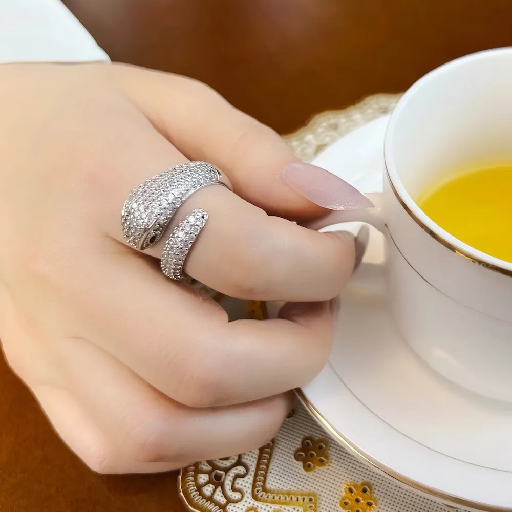 Bague Serpent Pavée Argent Sterling 925 - Anneau Blanc Glamour Europe Femme Cadeau